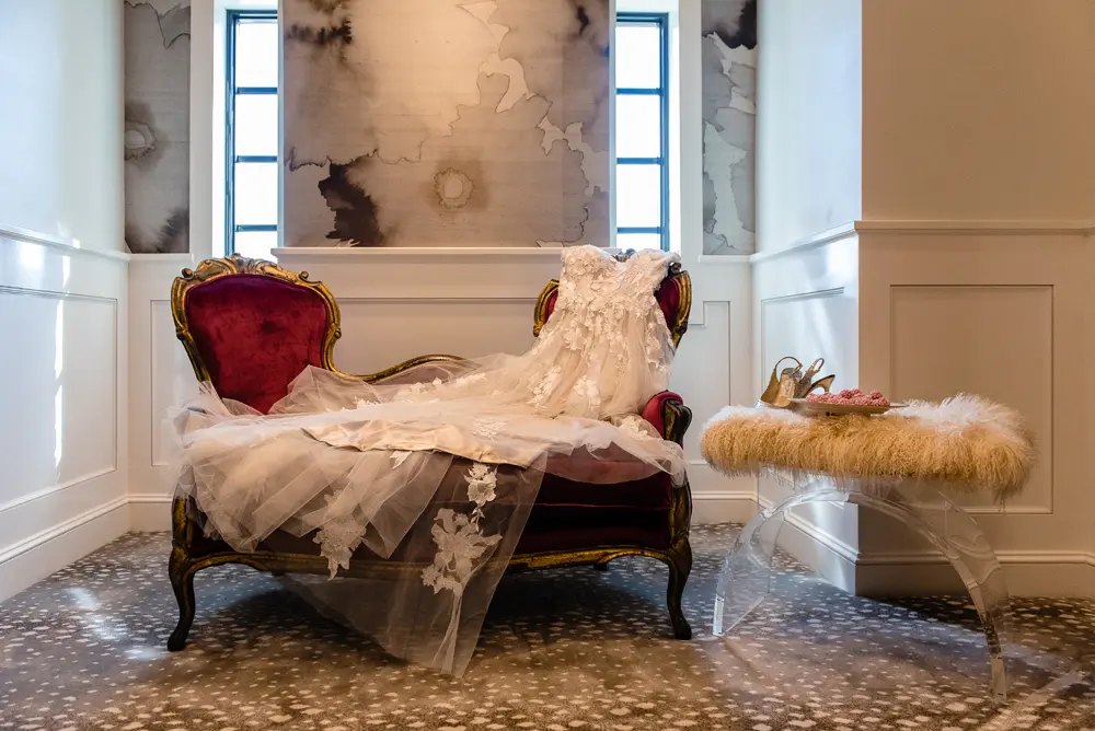 wedding dress in a couch