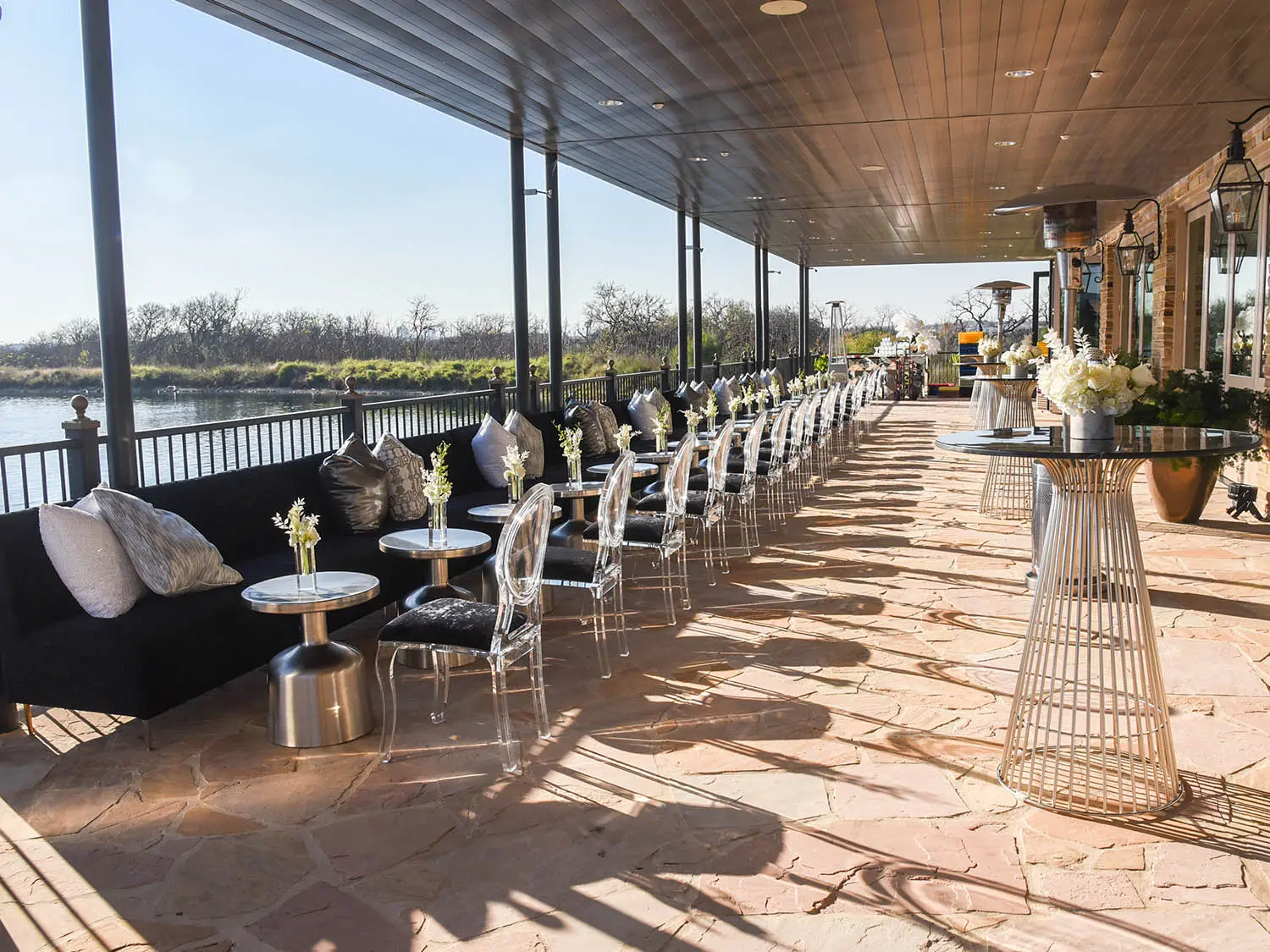 Patio of the Red Berry Estate Lakeside Ballroom set for large event.