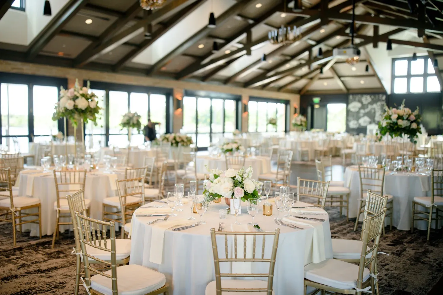 View of decorated tables for a wedding at the Red Berry Estate